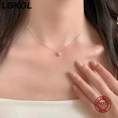 S925 Sterling Silver Plated 18K Gold Set Zircon Necklace Female Sparkling Diamond Four Leaf Grass Versatile Collar Chain